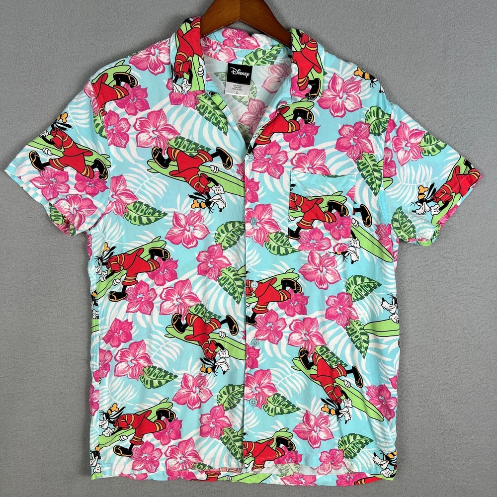 Disney Goofy Shirt Size L (Fits M) Floral Hawiian Beach Rayon Short Sleeve Surf